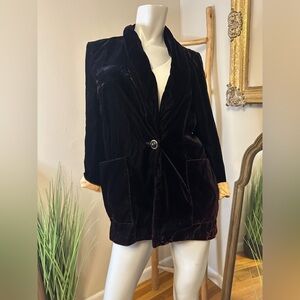 KENSINGTON SQUARE Vintage Burgundy/Black Velvet Blazer Gold Satin Cuffs VTG